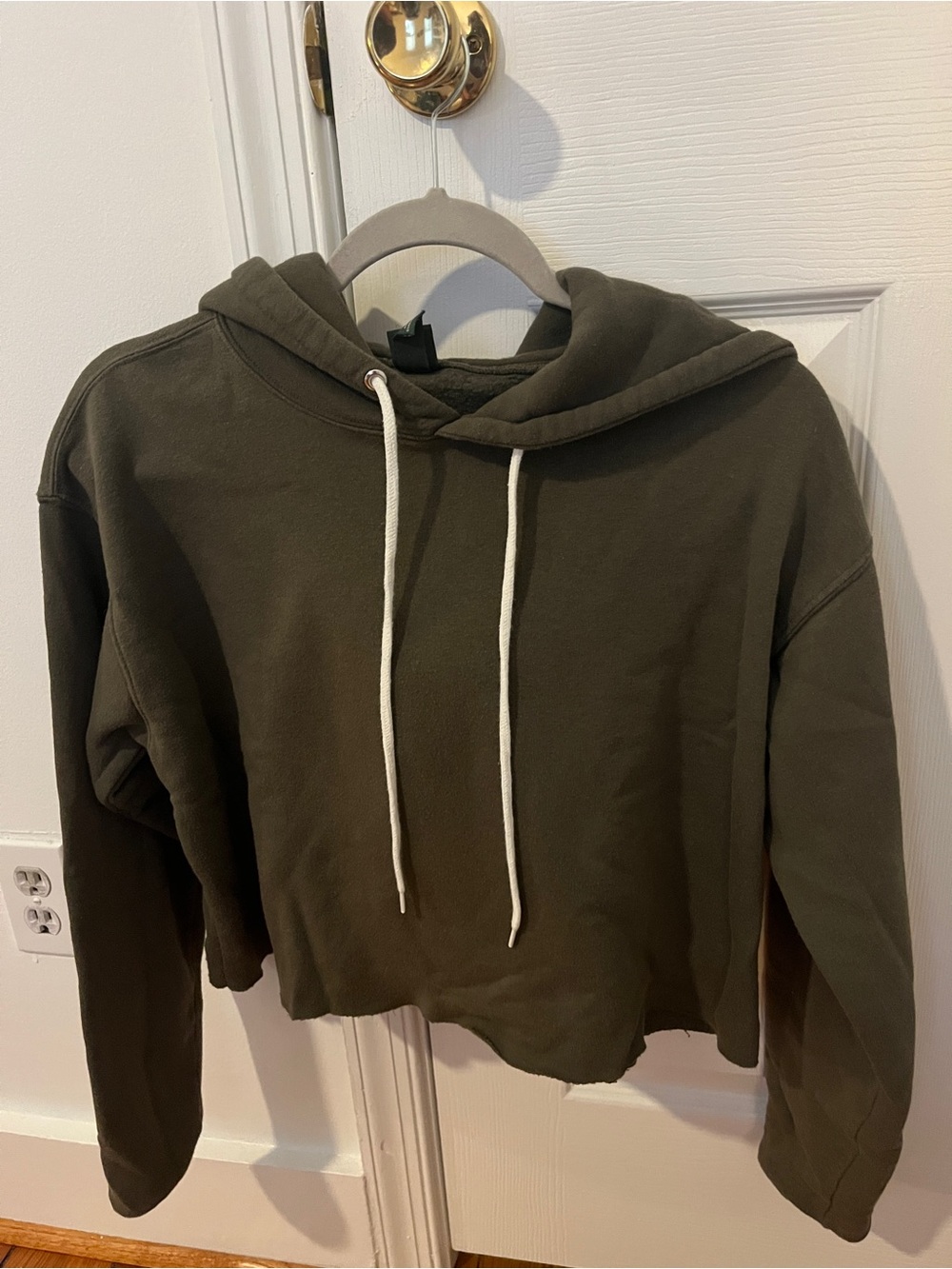 Olive Cropped Hooded Sweater with Drawstring - Picture 3 of 3